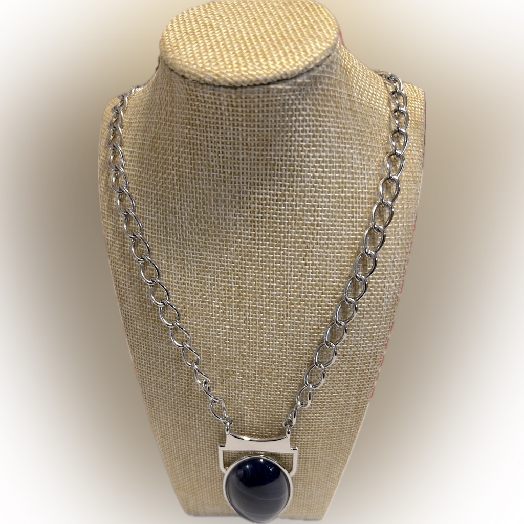 Lia Sophia Long Silver Tone Chain Necklace With Blue Pendant